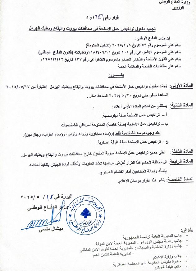 تجميد مفعول تراخيص حمل الاسلحة